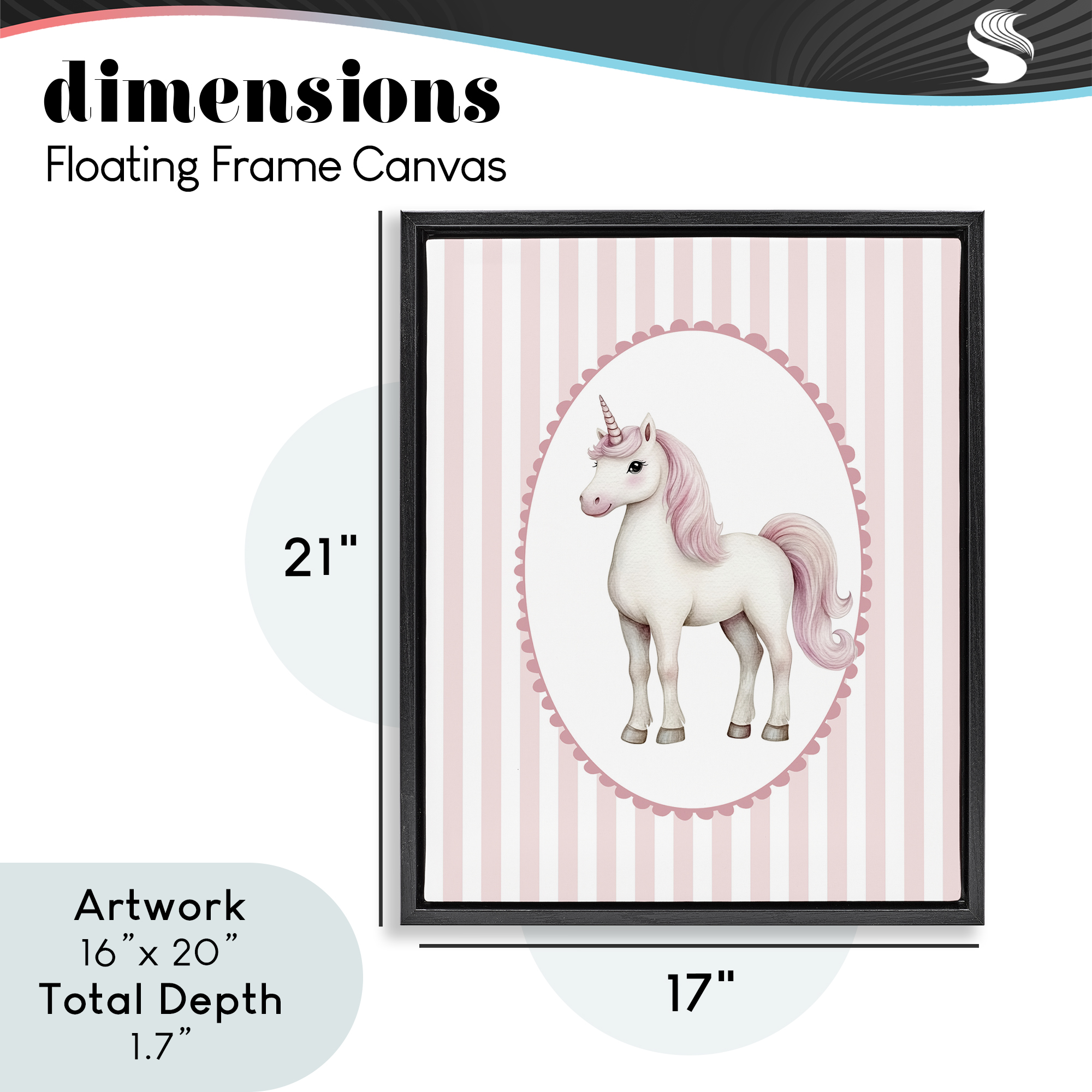 Gentle Unicorn on Pink Stripes Black Framed Floater Canvas Wall Art, design by Christine Simpson Art