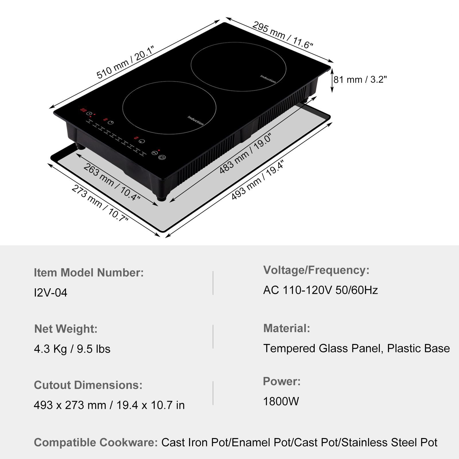 12 Inch 2-Burner Induction Cooktop, 1800W Built-in Electric Stove with 9 Power Levels, Touch Screen LED Display, Child Lock and Overheat Protection for Safe Cooking