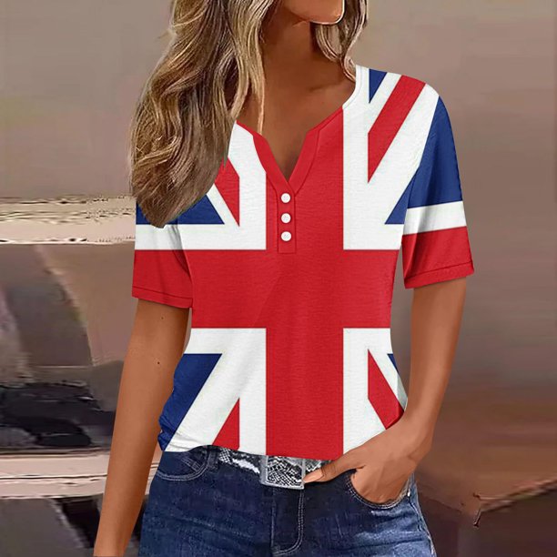 Fiudx Liquidación de Ahorros de Verano Camiseta Holgada con Cuello En V y Estampado Del Día de La Independencia para Mujer
