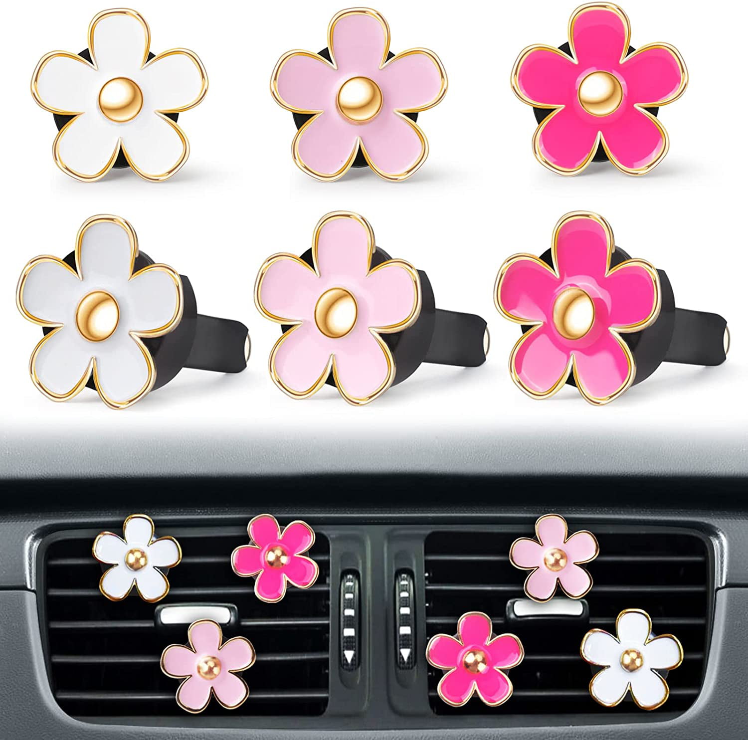 Cute Gifts Pink Car Decor Accessories for Women Teens, 6pcs Car Scent Air Fresheners Vent Clips, Girly Daisy Flower Decorations Interior Aesthetic