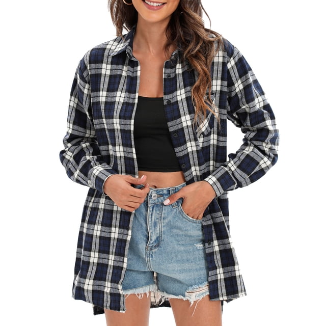 Nuevo otoño mujer camisa de tartán a cuadros de gran tamaño botones bolsillo cuello vuelto manga lar Meterk XX-Large