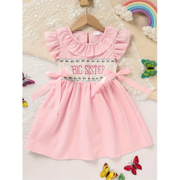 MORTTIC Toddler Girls "BIG SISTER" Embroidered Princess Dress, Short Sleeve Ruffle Summer Outfit, Sweet and Adorable Dress for Little Girls