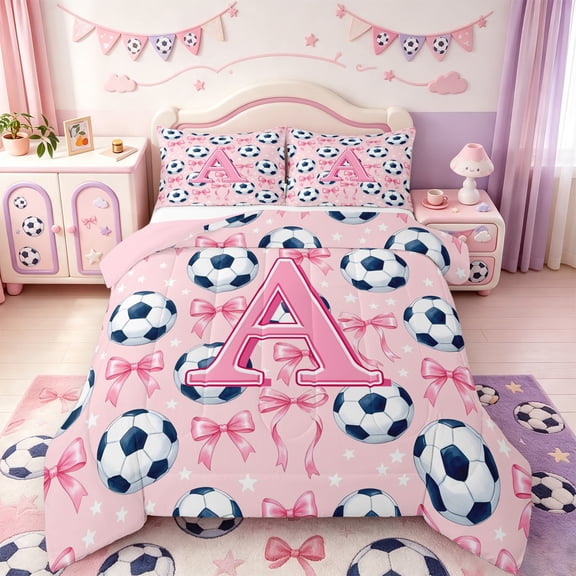 Manfei Pink 3D ABC Print A Full Size Comforter Sets,Cute Coquette Bow Bedding Comforter Set,Pink Reversible,3 Pieces,1 Comforter and 2 Pillowcases