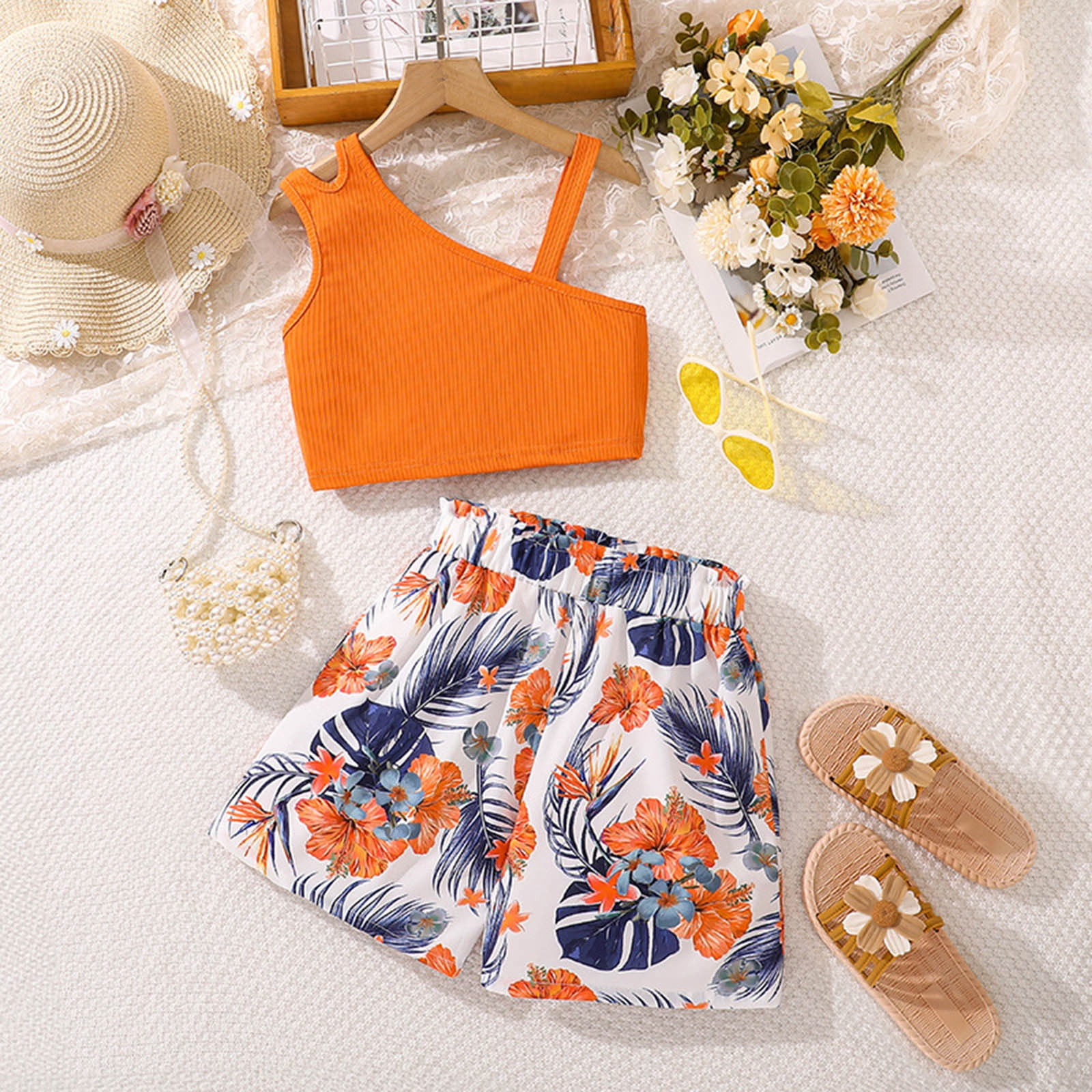 Kid Clothing For Girls Solid Color Round Neck Sleeveless Outfits Adorable Floral Prints Dress Clothes Set Holiday Daily Wear 9-10 Years Orange