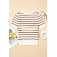 thumbnail image 4 of Women's Khaki Stripe Scalloped Round Neck Short Sleeve Sweater - Trendy Summer Knit - [ZhiHiMeRi] | (US 12-14)L, 4 of 9