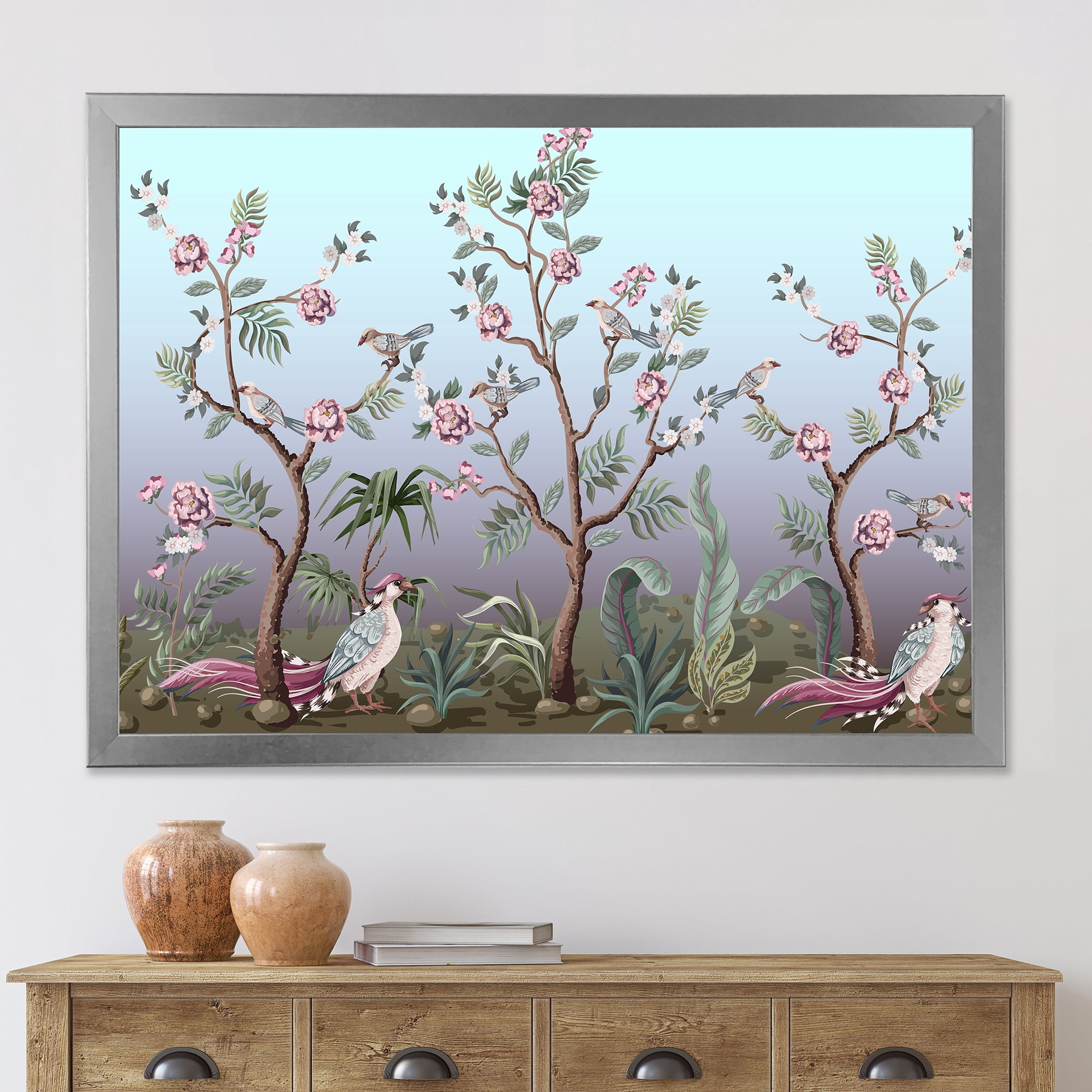 Designart 'Chinoiserie With Peonies and Birds II' Traditional Framed Art Print