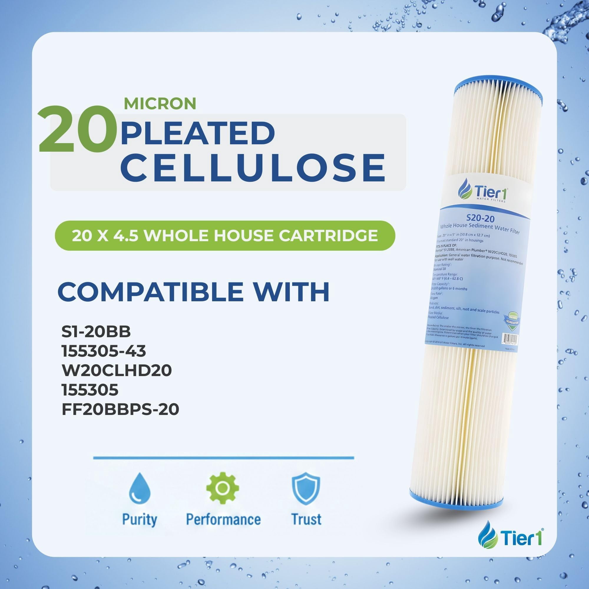 Tier1 20 Micron 10 x 2.5 Water Filter | Pleated Cellulose Whole House Sediment Filter Cartridge | Replacement for Pentek S1, GE FXWPC, 155001-43 | 2.5 x 10 Home Water Filter (25-Pack)