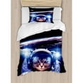 thumbnail image 3 of Cat Duvet Cover Set Queen Size, Funny Astronaut Cat above Earth in Outer Space Explorer Kitty Mission Humor Art Image, Decorative 3 Piece Bedding Set with 2 Pillow Shams, Blue White, by Ambesonne, 3 of 3