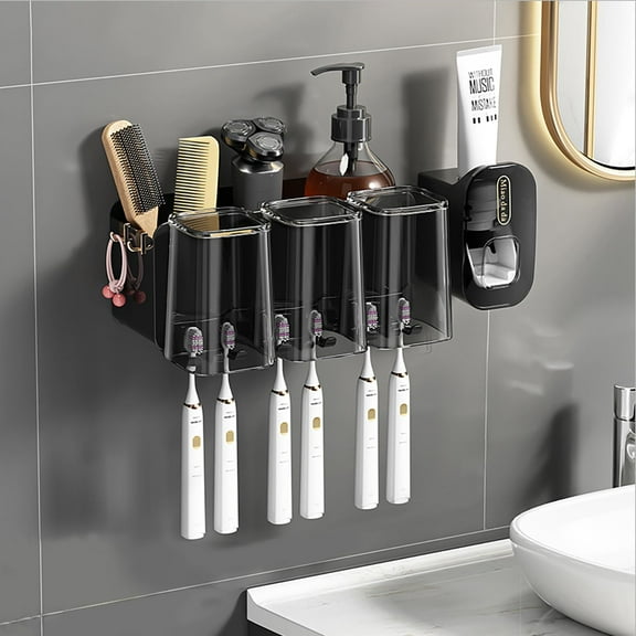 Toothbrush Holders Bathroom with Toothpaste Dispenser, 3 Cups Toothbrush Holder Wall Mounted Bathroom Organizer Accessories (Black)