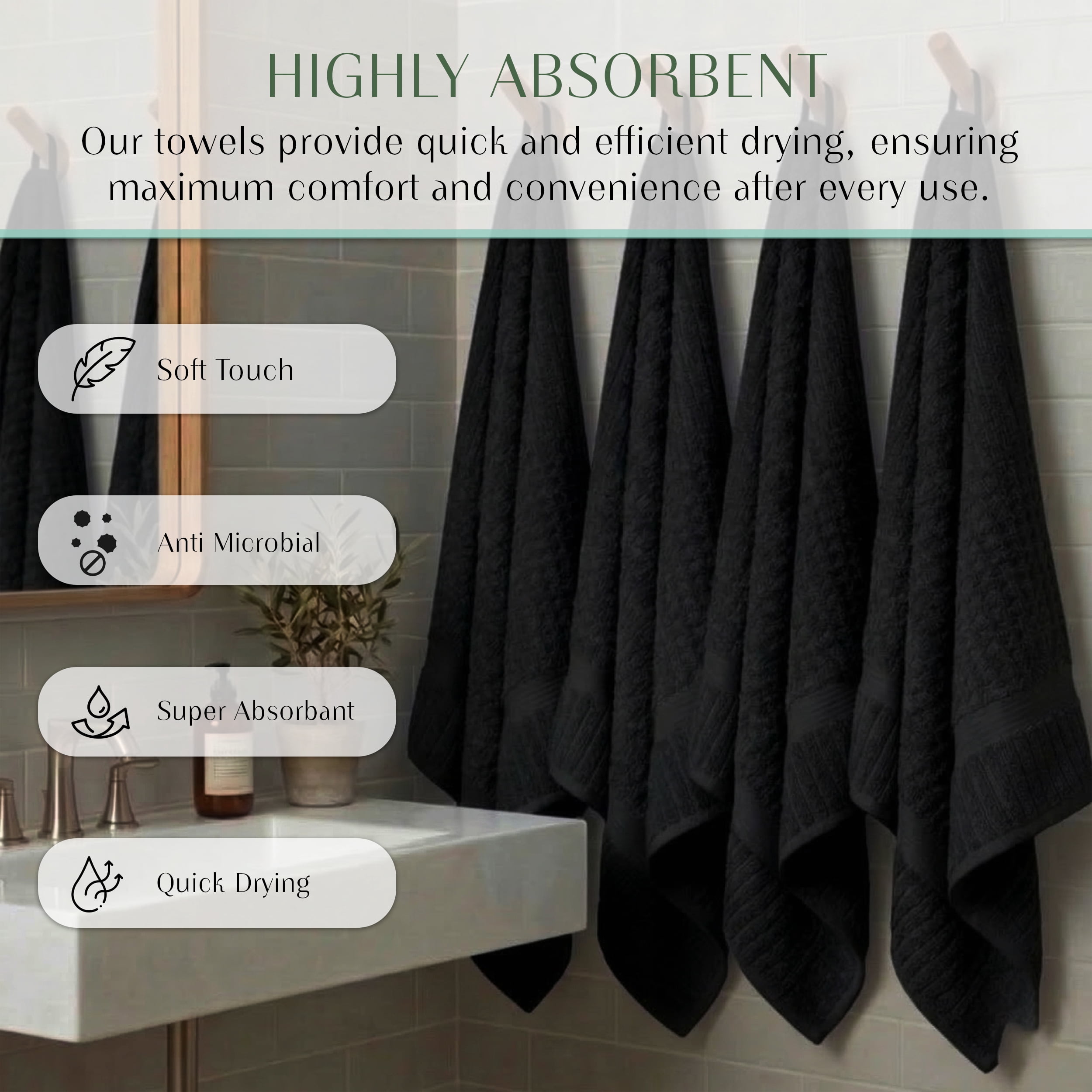 Home Weavers Willow Bath Towels Set of 4, 100% Cotton Zero Twist, 630 GSM, Soft Absorbent Quick Dry, 27x54 inch, Black