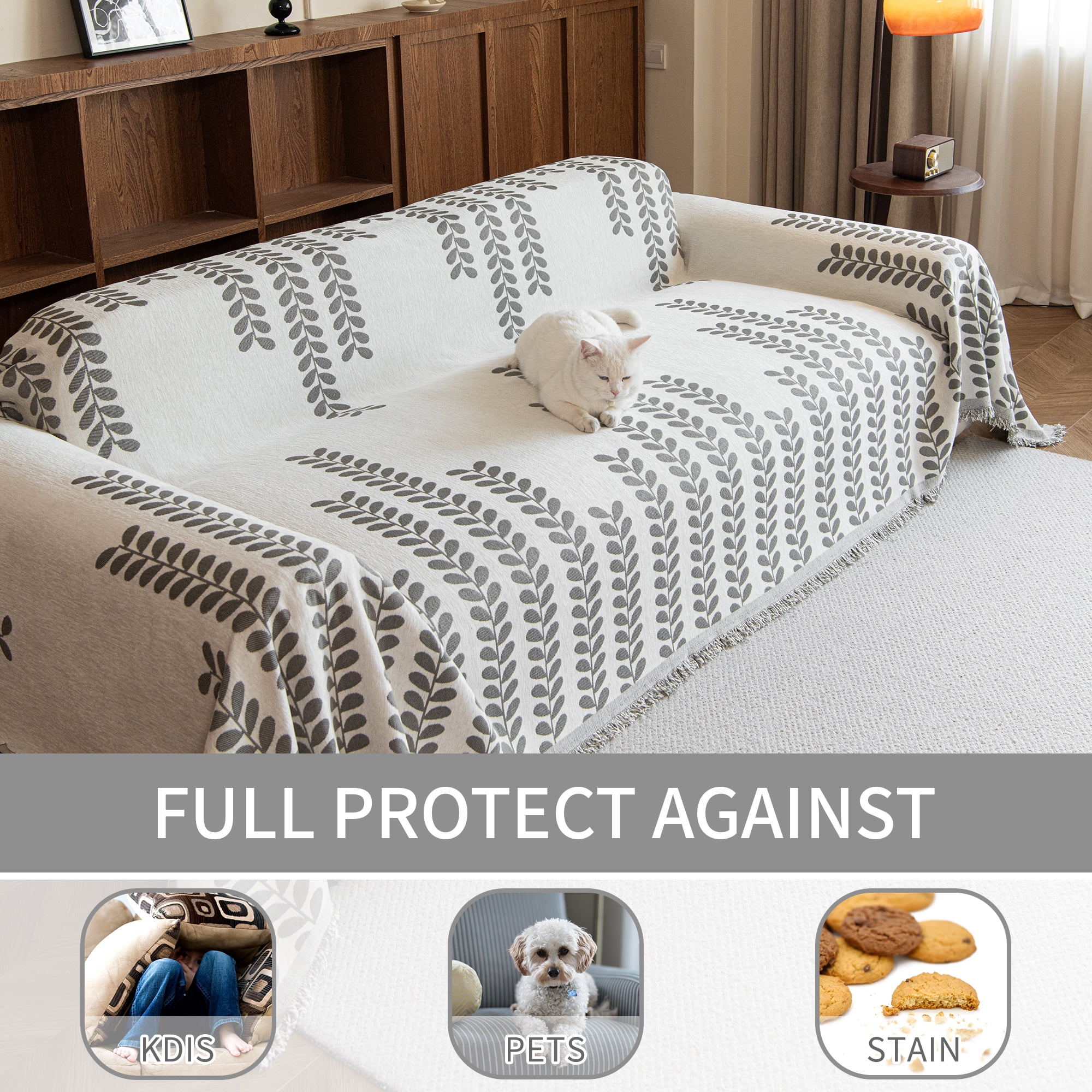 Smuge Sofa Cover Couch Cover Protector Slipcover, L Shape 3 Cushion Throw Sofa Towel Furniture Cover for Dogs Cats Home Decor (71"x 134", Gray White)