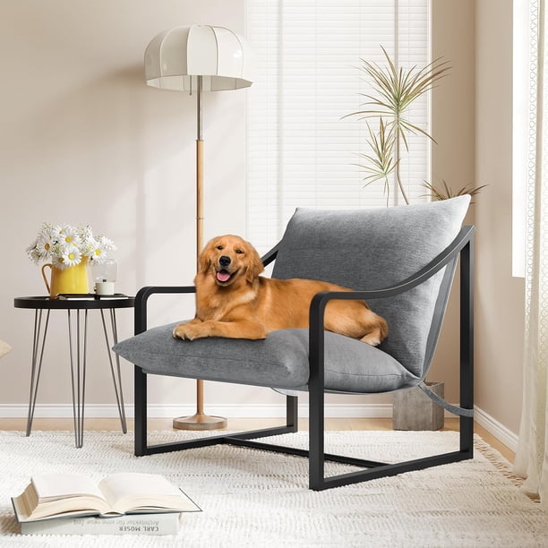 Mid-century moderno sling accent chair: comfy fabric sala de estar sillas con heavy-duty metal frame, lounge reading armchair para sala de estar y dormitorio, fácil montaje, gris