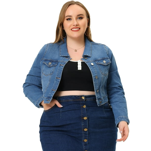 Women Plus Size Button Closed Cropped Denim Jacket Denim Blue 1X