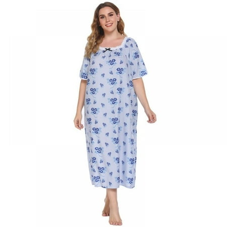 

Lemetow Spring Women s Loose Flower Printing Bow Decoration Nightdress Casual Long Dress Plus Size