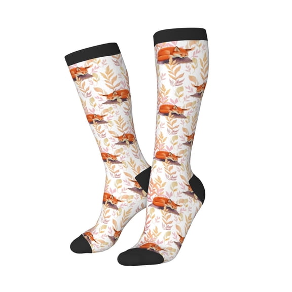 Knee High Socks for Women Men Athletic - Cute Sleepy Fox Thigh-High Black Sole Comfort Breathable Long Socks for Casual Travel Running