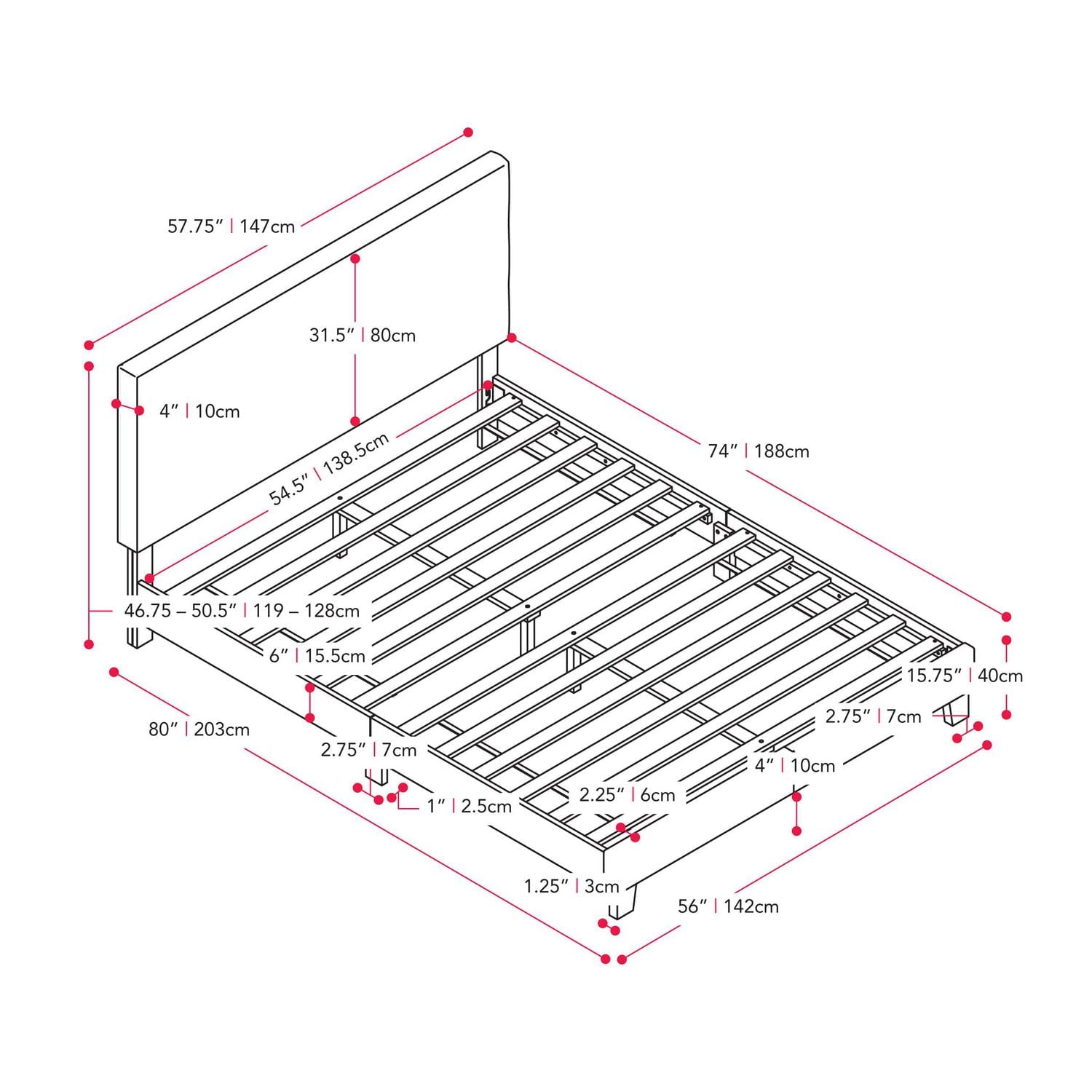 Cadre de lit double pour adulte CorLiving Juniper, rembourré en tissu, avec tête de lit et lattes rembourrées – Aucun sommier requis