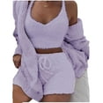 thumbnail image 3 of Gamivast Plus Size Pajamas for Women Set Fuzzy Fleece Hooded Open Front Cardigan V Neck Crop Tank Tops and Sherpa Shorts Comfy Elastic Waist Drawstring Shorts 3 Piece Outfits, 3 of 4