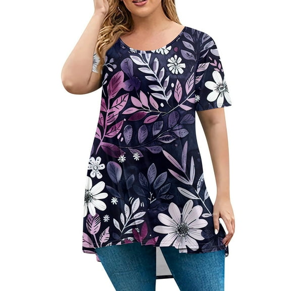 TQWQT Plus Size Tops for Women Dressy Summer Plus Size Womens Classy Tops Crewneck Short Sleeve T Shirts Curvy Women Floral Print Casual Blouses Loose Fit Summer Outfits Dark Purple 4XL