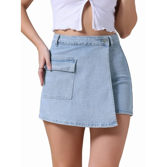 DARING DIVA Women's High Waist Western Asymmetrical Denim Cargo Skirt S Light Blue