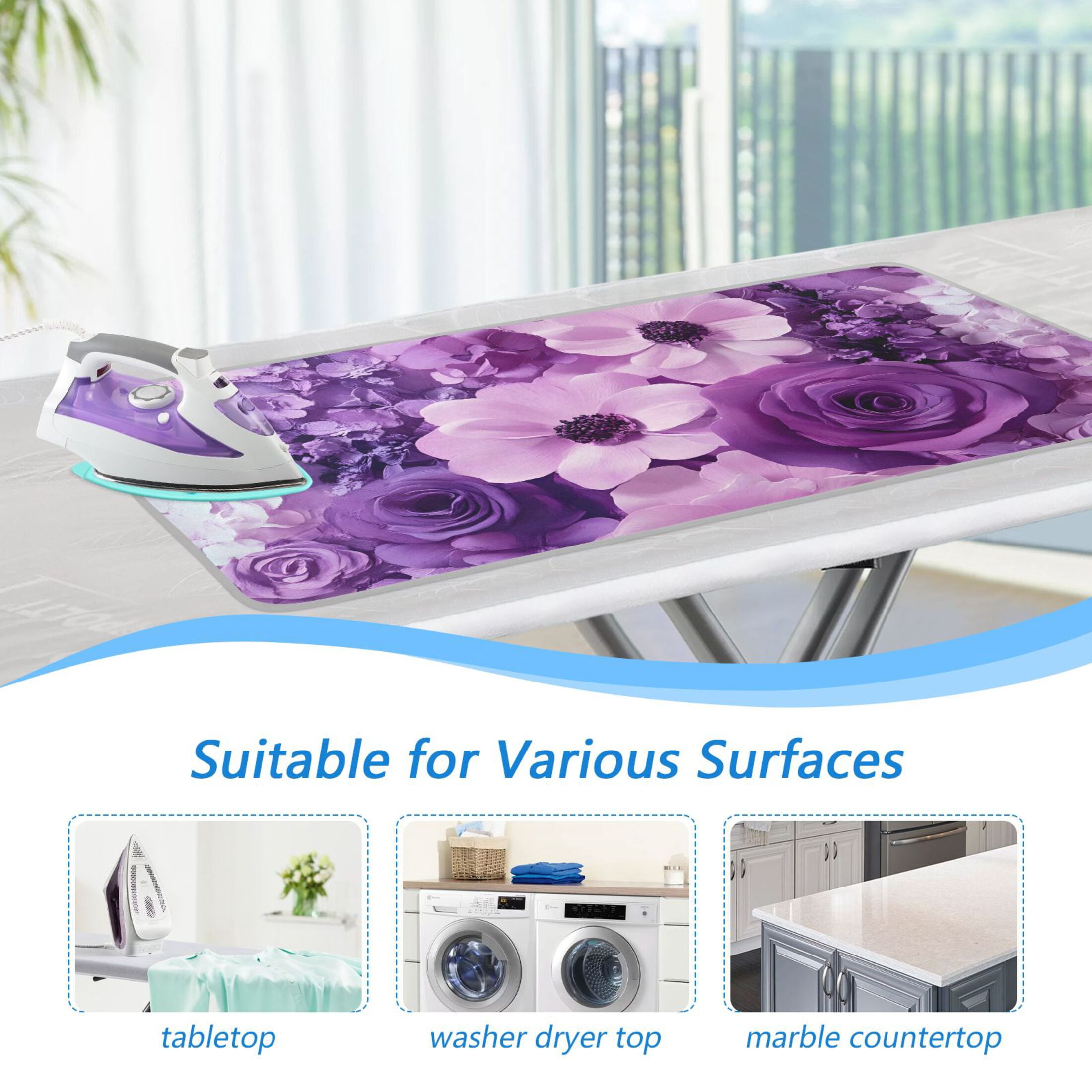Purple Elegant Flowers Ironing Mat Blanket for Table Top Travel Portable Ironing Board Pad 47.2x27.6 Inch