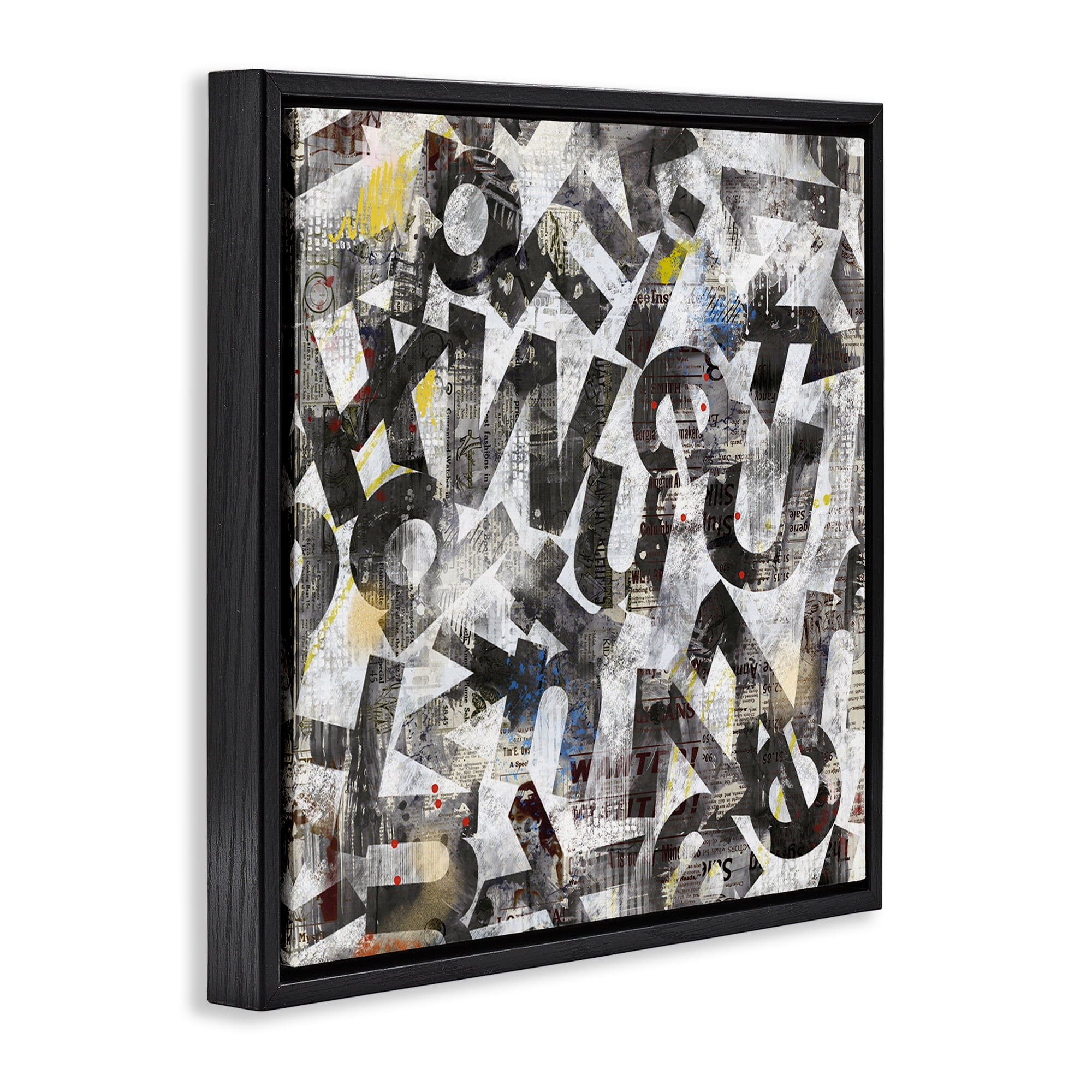 Stupell Industries Mixed Letters Abstraction Abstract Painting Black Floater Framed Canvas Art Print Wall Art, 18 x 18