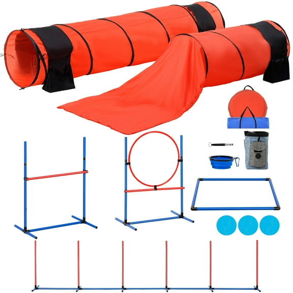 KFFKFF Canine Agility Prep Kit, 7-Piece Collection with Modifiable Hurdles, Sextet Weaving Rods, Dual Passageways, Hoop Leap, Resting Square, Trio Flying Discs, Signal Deviceand Pup Challenge Path