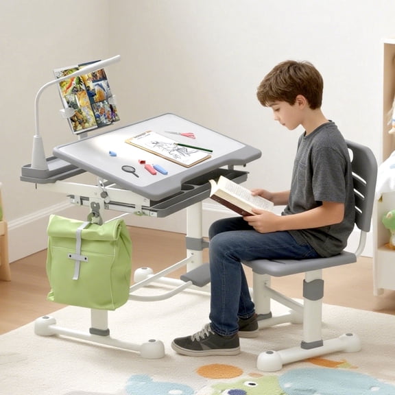 Height Adjustable Writing Tables, Desk and Chair Set, Desk with Tilt Desktop & Writing Board & Pen Slot & 3 Mode LED Light & Storage Drawer & Hook & Book Stand with Desktop for Boys and Girls(Gray)