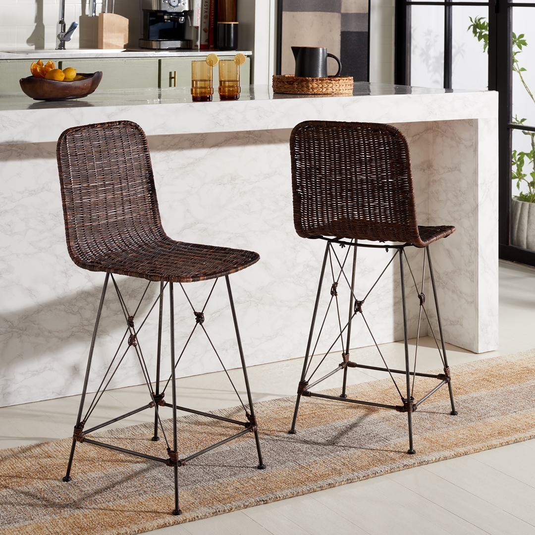 Safavieh Minerva Weaved Bohemian Mid Back Metal and Rattan Stools, DarkBrown/Black (Set of 2)