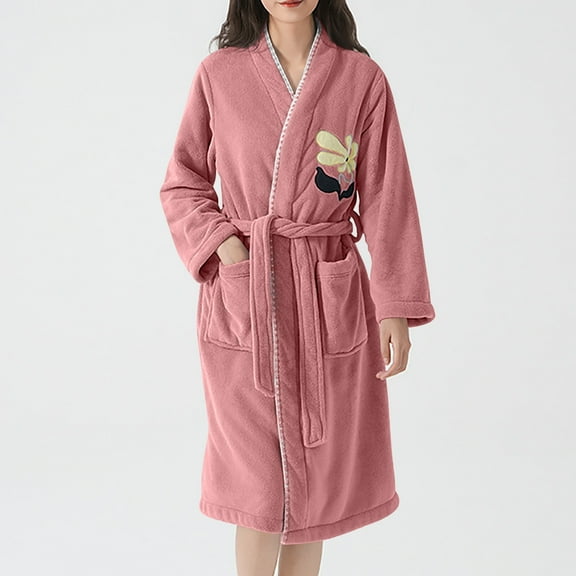 Voncos Women's Robe with Pockets, Soft Warm Plush Long Robes Floral Embroidery Tie Waist Post-Shower Loungewear for Home, Cute Ladies' House Robe Pink S-M
