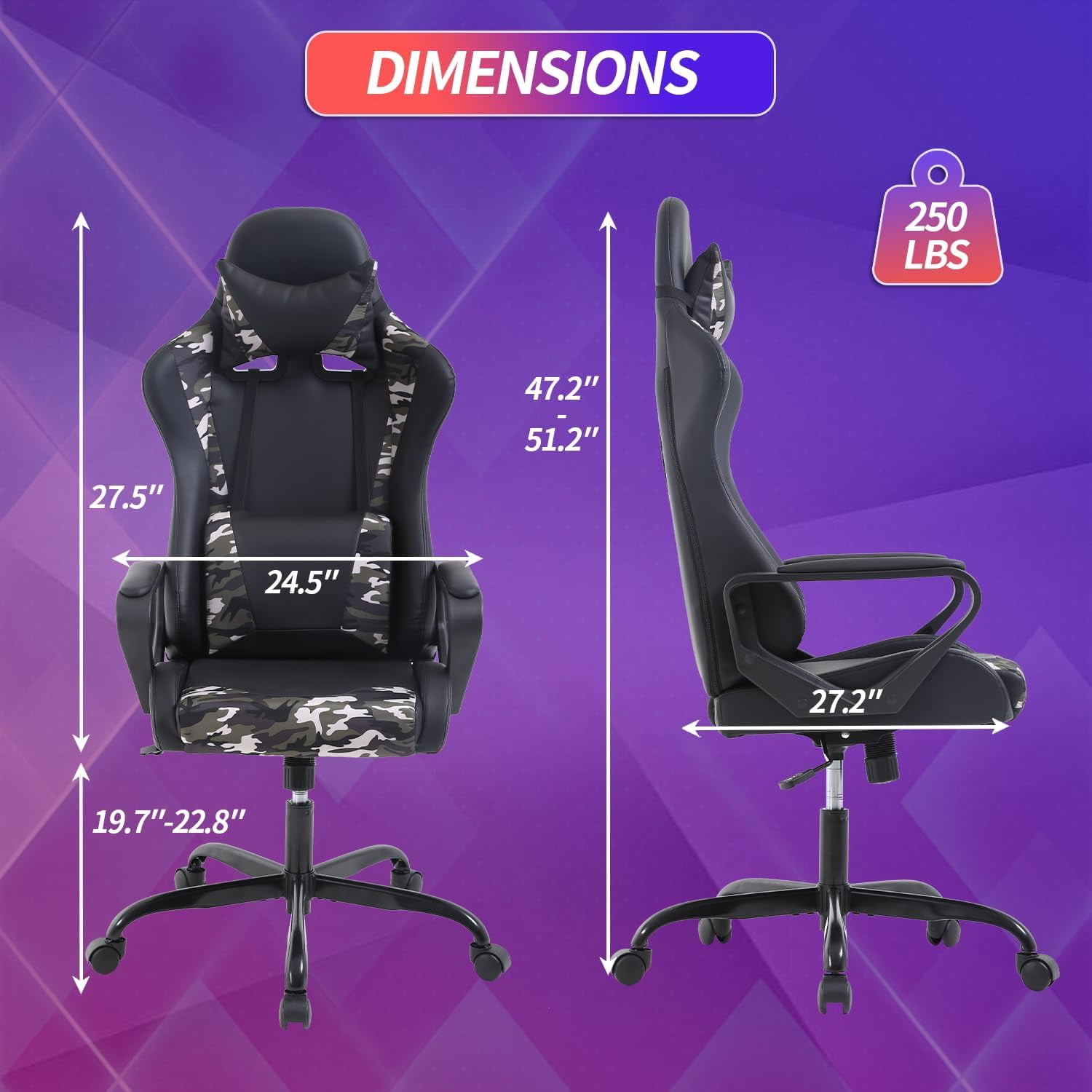 BIQWBIC Gaming Chair, High-Back Office Chair, Ergonomic Video Game Chairs with Adjustable Seat, Lumbar Support, Armrest, Headrest, Camo