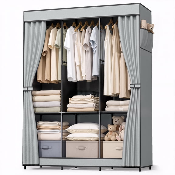 Kitsure Closet Organizers and Storage, Clothes Rack for Hanging Clothes with Removable Cover, Shelves & Side Pockets, Freestanding Clothes Organizer, 51.2" W x 17.7" D x 65.0" H, Gray
