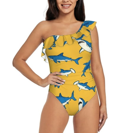 Tebeau Shark Print Print Women s One Piece Swimsuits One Shoulder Swimwear Asymmetric Ruffle Monokinis Bathing Suits-Small