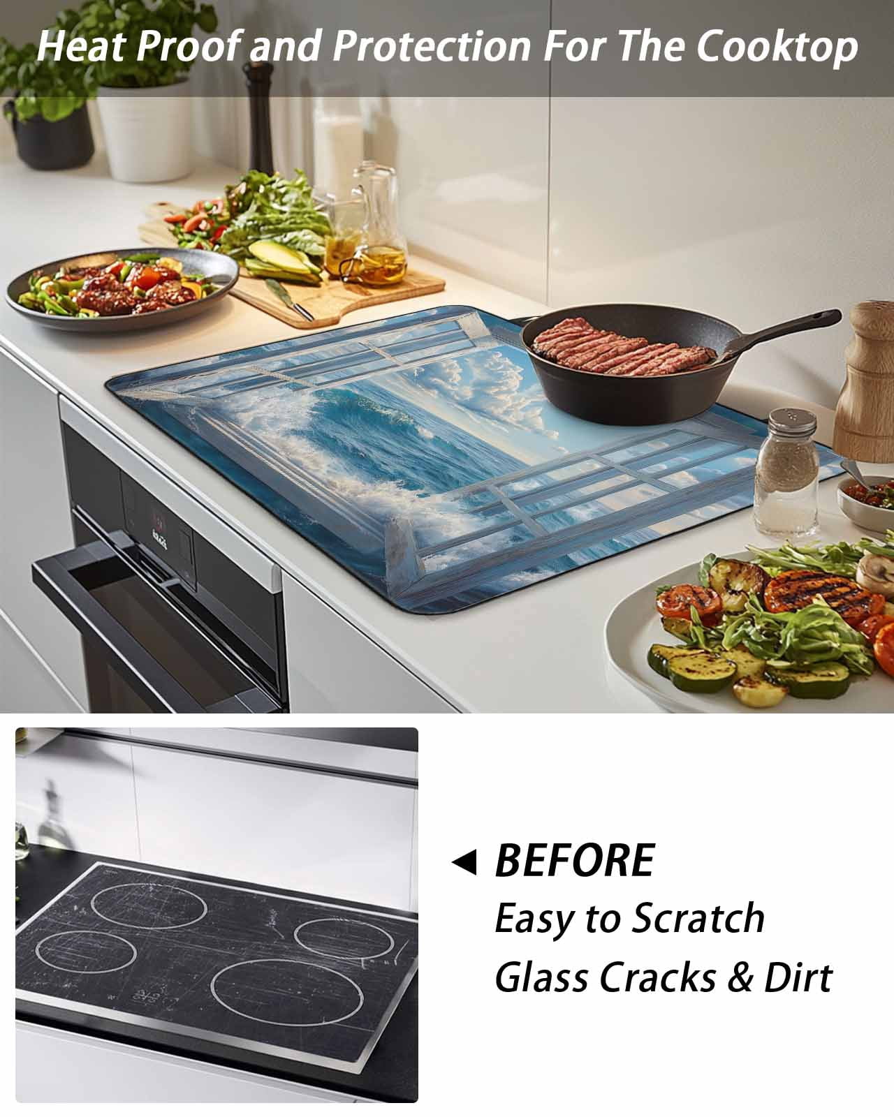 Stove Top Covers for Electric Stove, Coastal Glass Stovetop Cover Protector, Window Nautical Beach Blue Seaside Induction Cooktop Protector Oven Mat for Kitchen Countertop 24"x21"