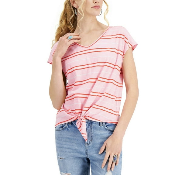 Style & Co Women's Petite Tie-Front V-Neck T-Shirt Island Stripe Size PL