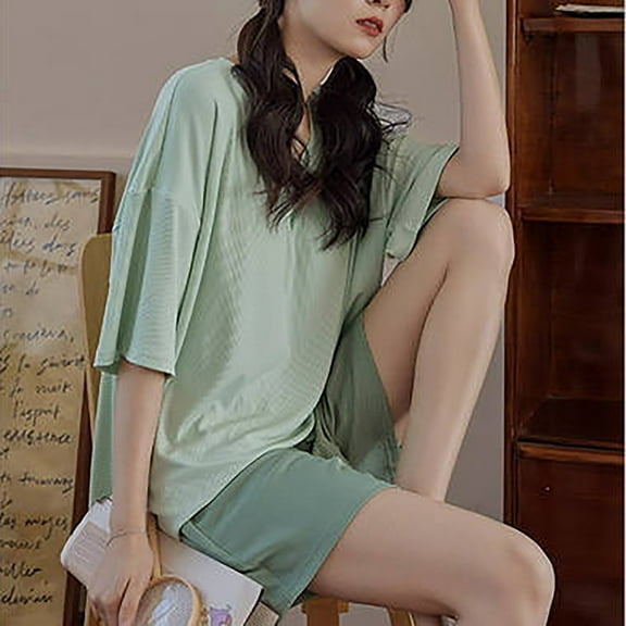 Busydd Pajamas for Women Set Short Sleevel Round Neck Top Built in Bra and Shorts Two Piece Sets for Women Summer Casual Plain Loungewear Set Comfy Breathable Cotton Sleepwear