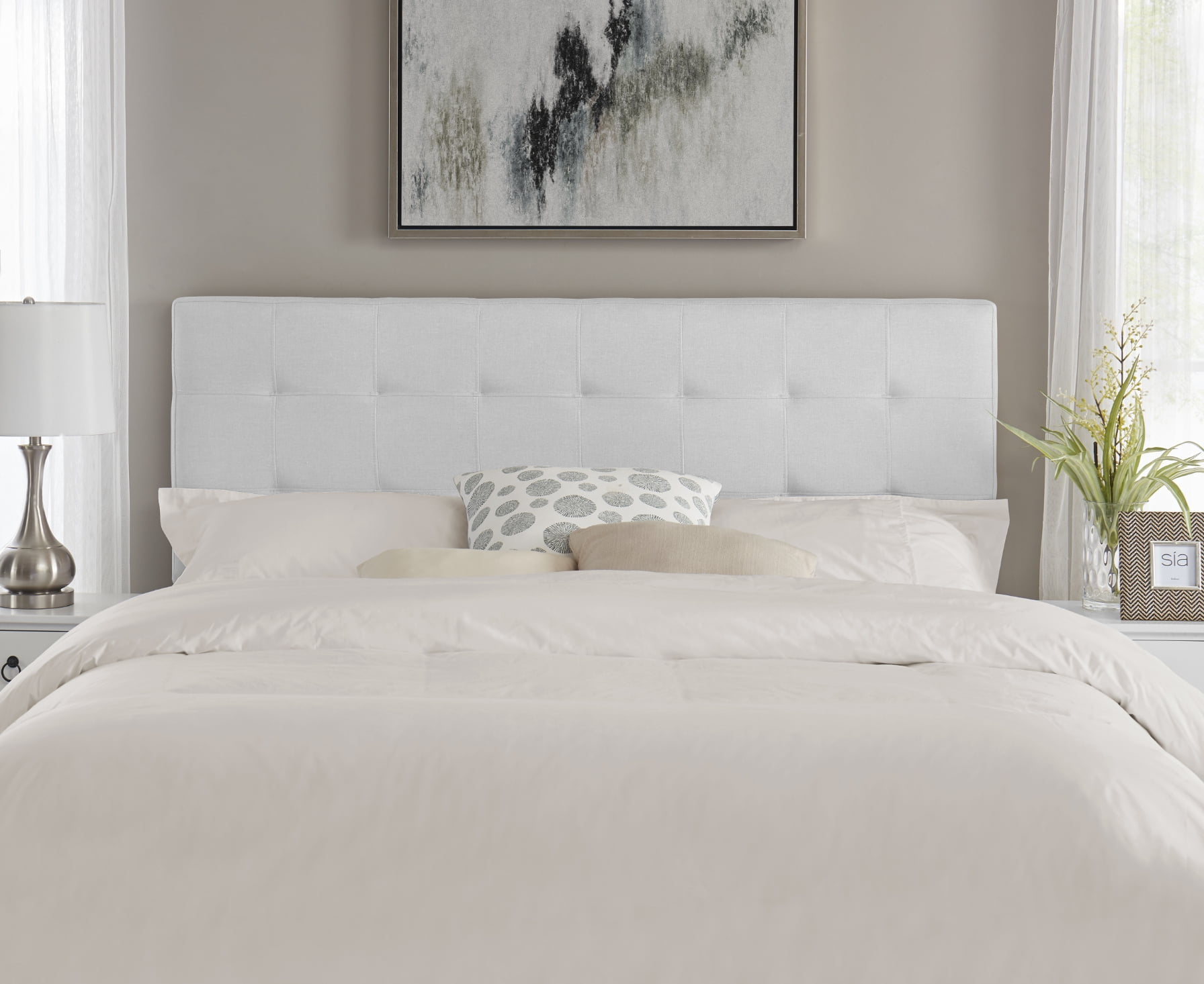 Jessenia Full size headboard only, Height Adjustable Full Size Bed Headboard, Square Tufted Headboard with 12 Positions, Metal Legs, Wall/Bed Mount, Linen Fabric headboard Full in White