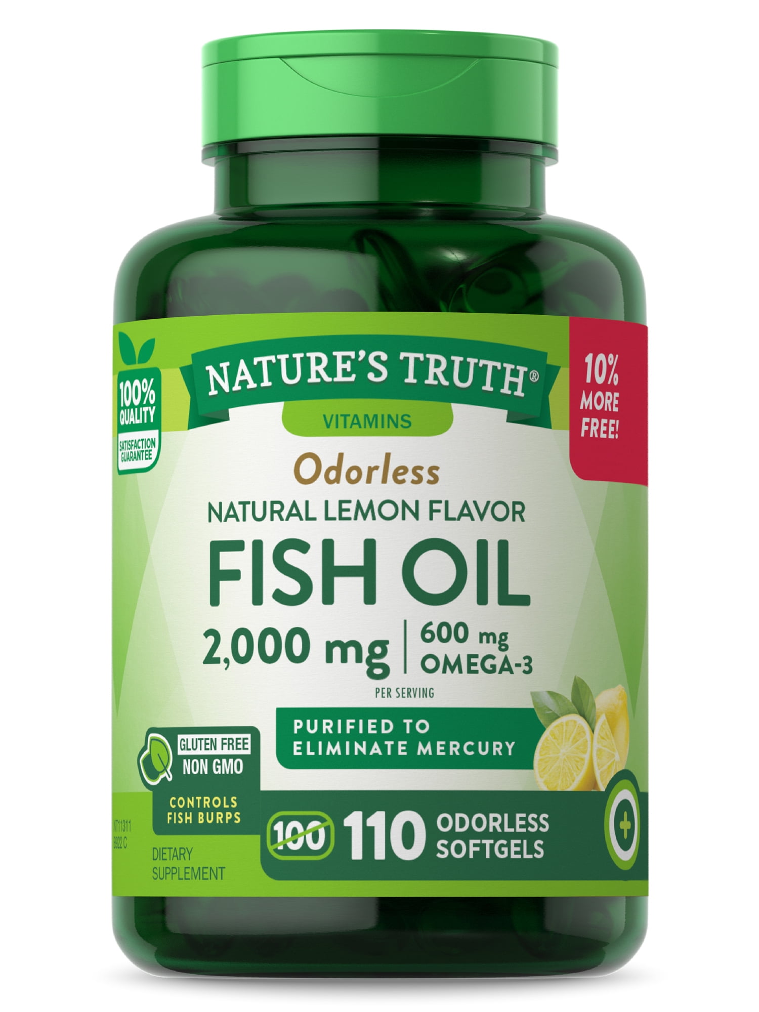 Odorless Fish Oil 2000mg | 110 Liquid Softgel Capsules  | Omega 3, Burpless Supplement | Non-GMO, Gluten Free | By Nature's Truth