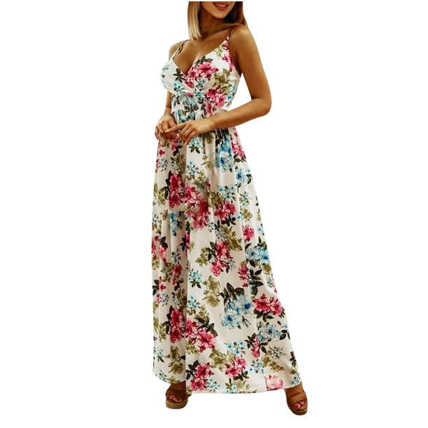 Falda larga para mujer con cuello en V y estampado bohemio con tirantes y cordones sin mangas Pompotops qwe13331
