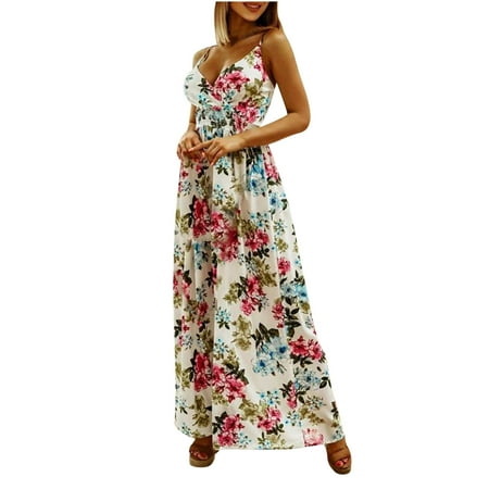 

Charella Fashion Women V-Neck Boho Printing Suspender Lacing Sleevess Holiday Dress Long Skirt White S