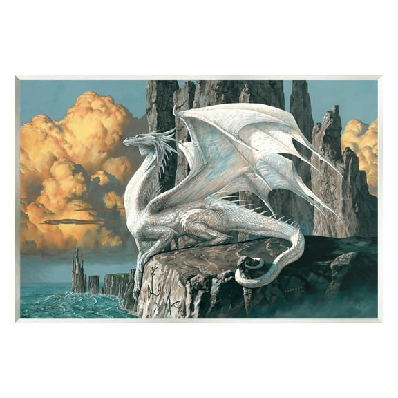 Stupell Industries Dragon Perched on Cliff Fairy Tales & Fantasy Painting Unframed Art Print Wall Art, 15 x 10
