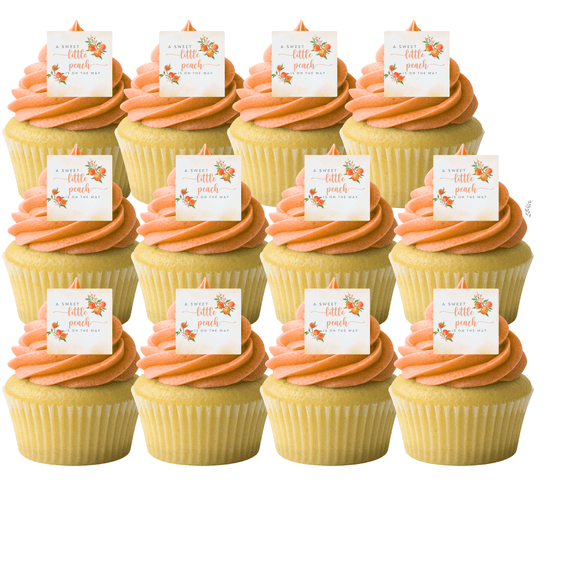 A Little Peach Is On The Way Cupcake Picks – 24 Edible Wafer Paper Decorations | Orange Baby Shower Dessert Toppers
