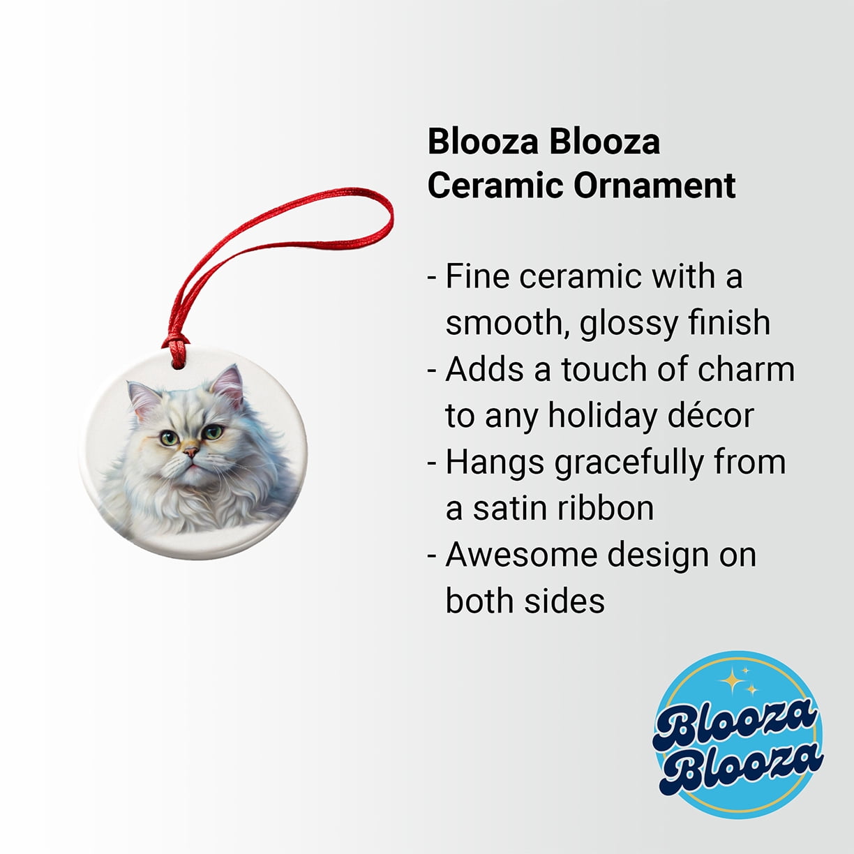 Classic Persian White Cat Illustration Christmas Tree Holiday Round Ceramic Ornament