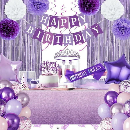Purple Birthday Party Decoration Balloon Arch Kit, Macaron Purple Rain Curtain Balloon, Happy Birthday Banner for Anniversary