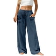 thumbnail image 2 of Siminsem Women's Cotton Linen Wide Leg Pants Elastic Waist Casual Trousers with Pockets Adjustable Drawstring Loose Fit Palazzo Summer Beach Lounge Vacation Outfits, Navy, L, 2 of 8