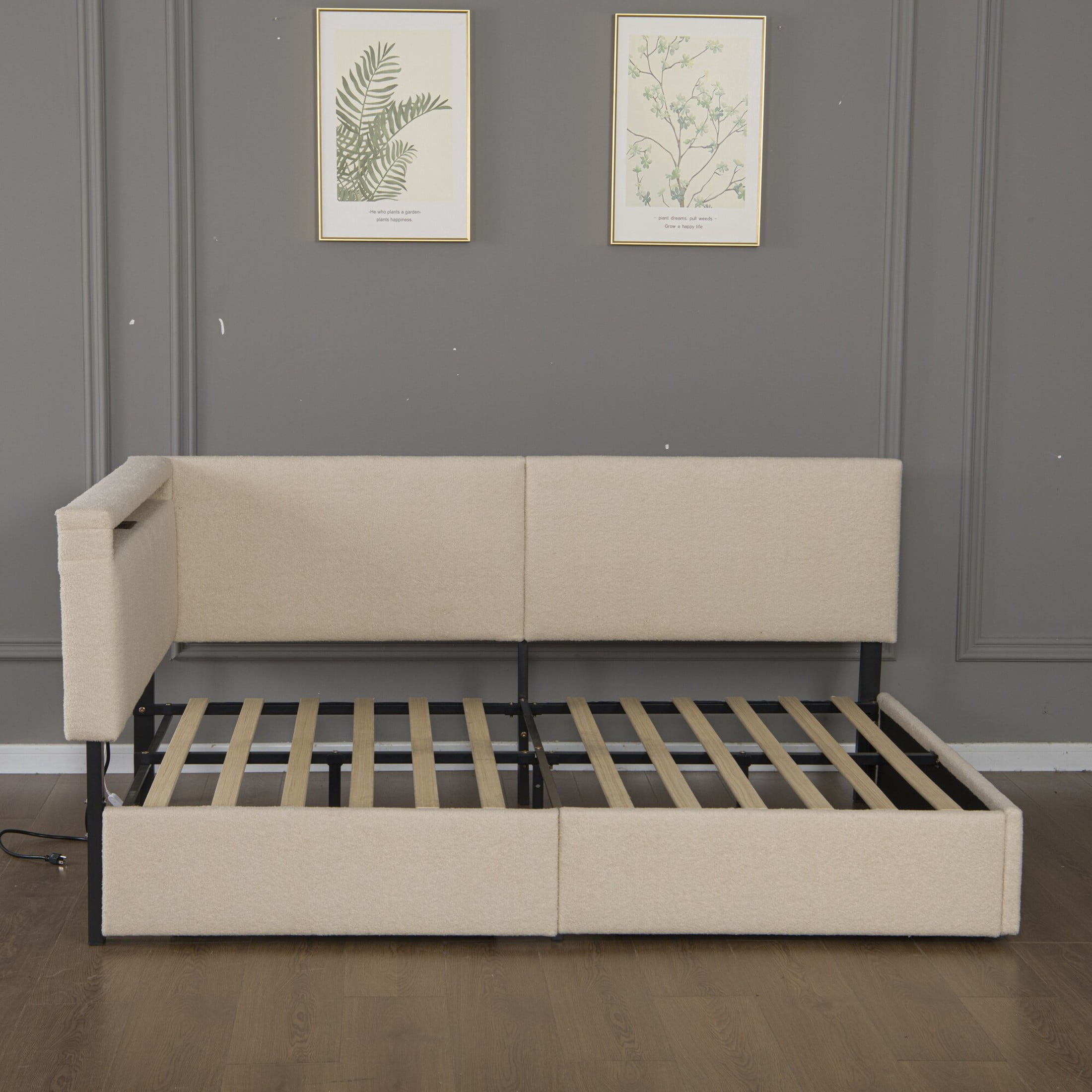 Noble House Einav 79" Twin Upholstered Boucle Bed Frame, Corner Daybed with Storage Drawers, LED Light, Beige