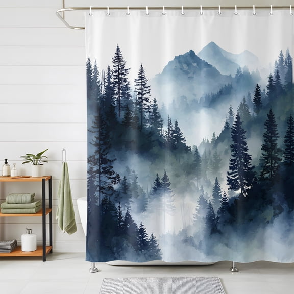 Shower Curtains for Bathroom, Blue Black Mountain Waterproof Fabric Shower Curtain, Forest Pine Trees Abstract Art Decorative Bathroom Curtain for Bathtub, 36"x72", No Hooks Included