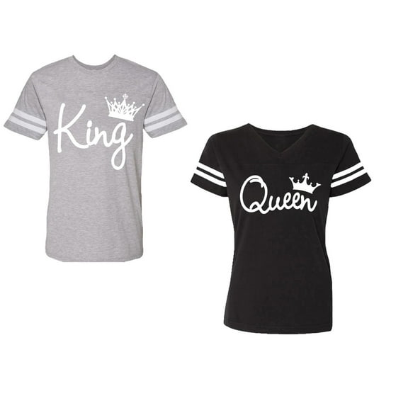 Fashion King Queen Unisex Couple Matching Cotton Jersey style T-Shirt Contrasting stripes on sleeves (Men Heather / Women Black) (Men S / Women S)