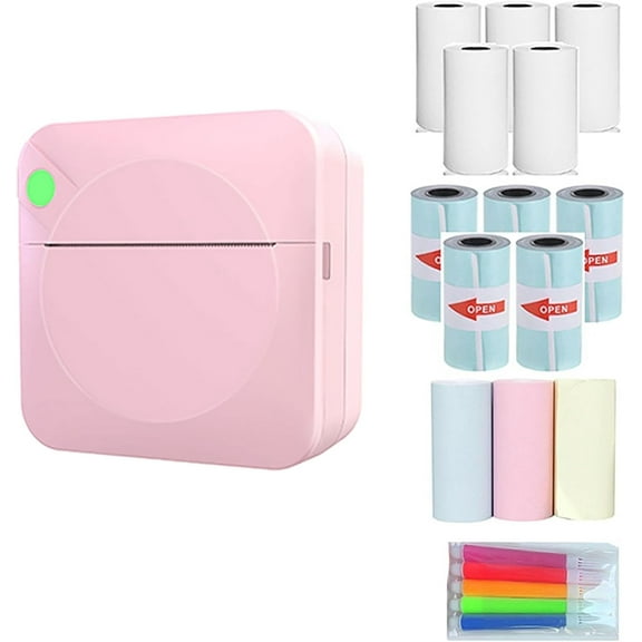 Portable Mini Printer, Bluetooth Thermal Sticker Maker with 5 Rolls Paper, Inkless for iPhone Android, DIY Labels Study Notes (Pink)