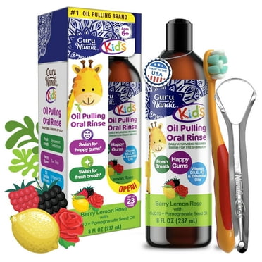 GuruNanda Kids Oil Pulling, Alcohol-Free Mouthwash, Essential Oils & Vitamins for Ages 6 & up, Natural Berry Lemon Rose, 8 Oz
