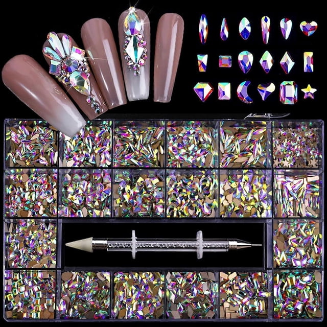 Nail Art Rhinestones, Nail Gems and Rhinestones Kit with Wax Pencil Flatback AB Rhinestones for Nails, Crafts,Makeup, Face, Clothes, Shoes